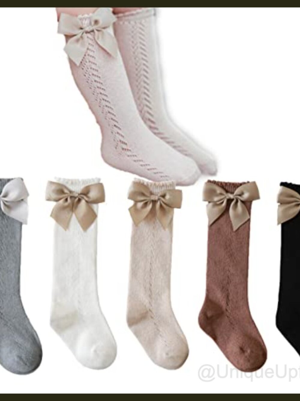 Girls Knee High Bow Mesh Tube Socks 5 Pairs Combed Cotton